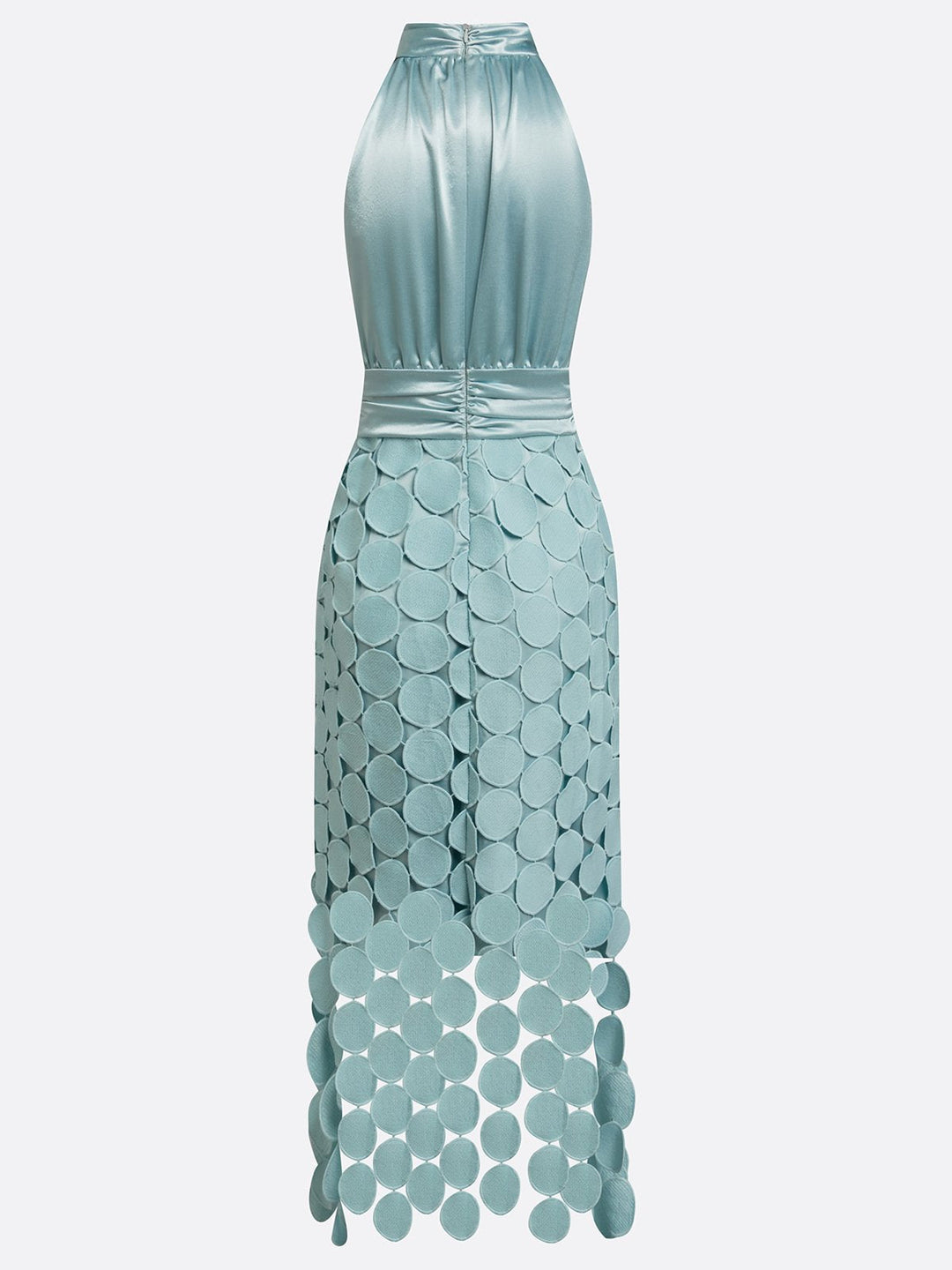 Mint satin halter midi dress, flat back view of full silhouette