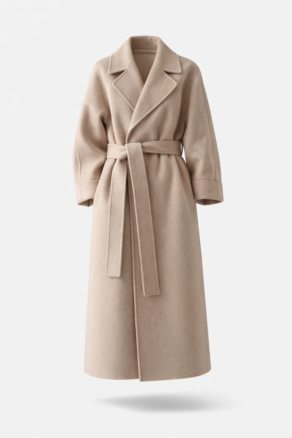 Beige belted long wrap coat, front view