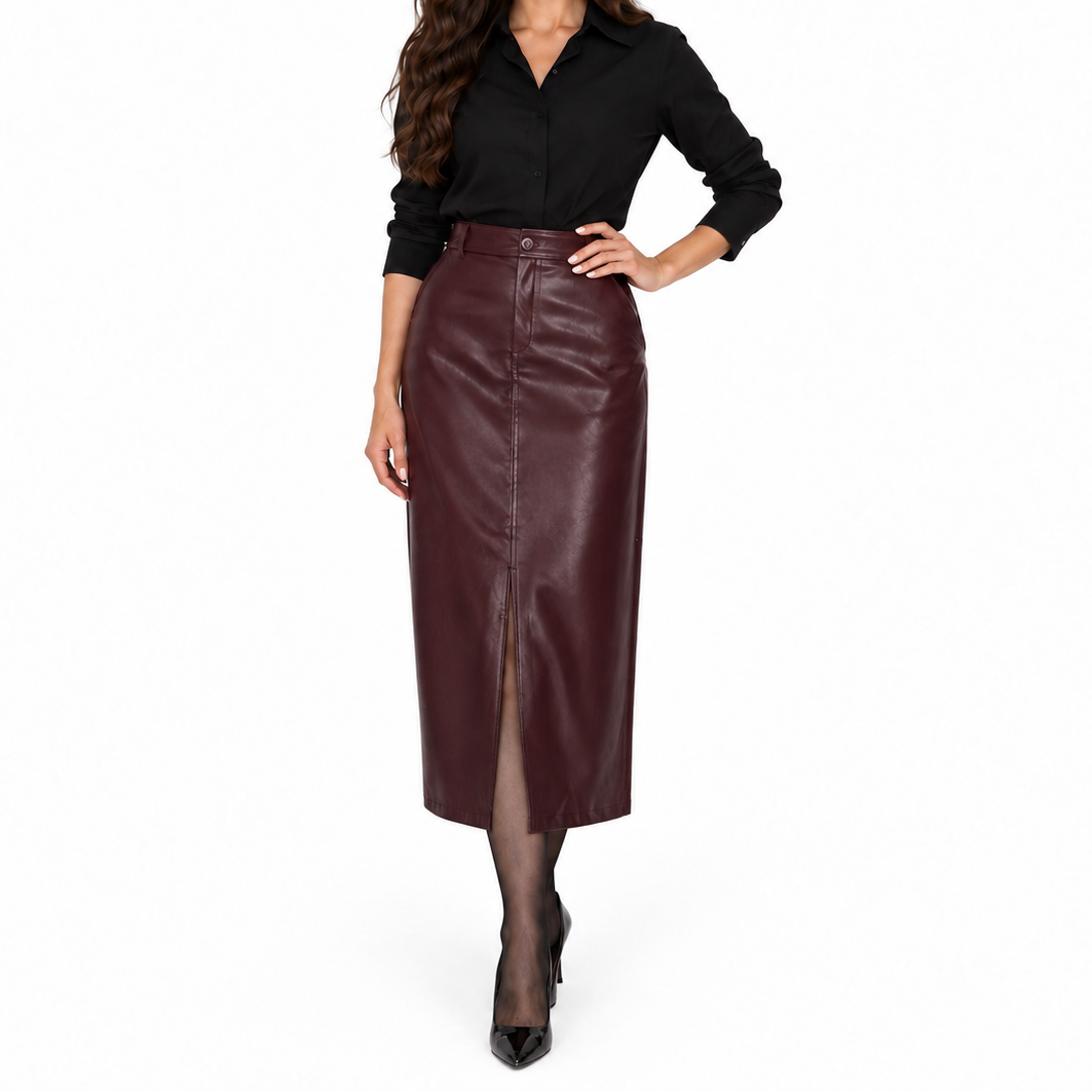 Woman wearing wine red leather midi skirt with front split
