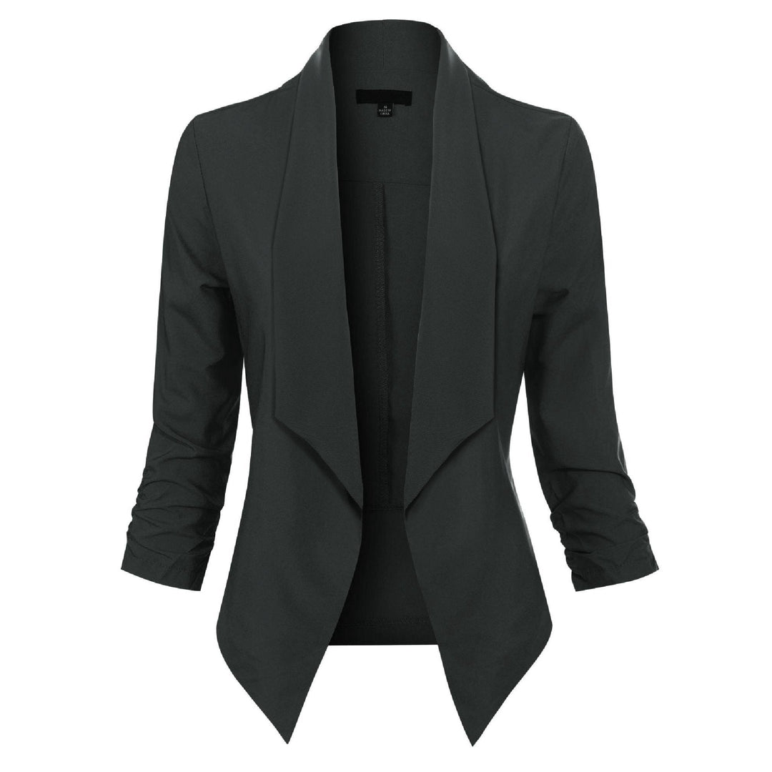 Black open-front blazer with draped lapel, front view