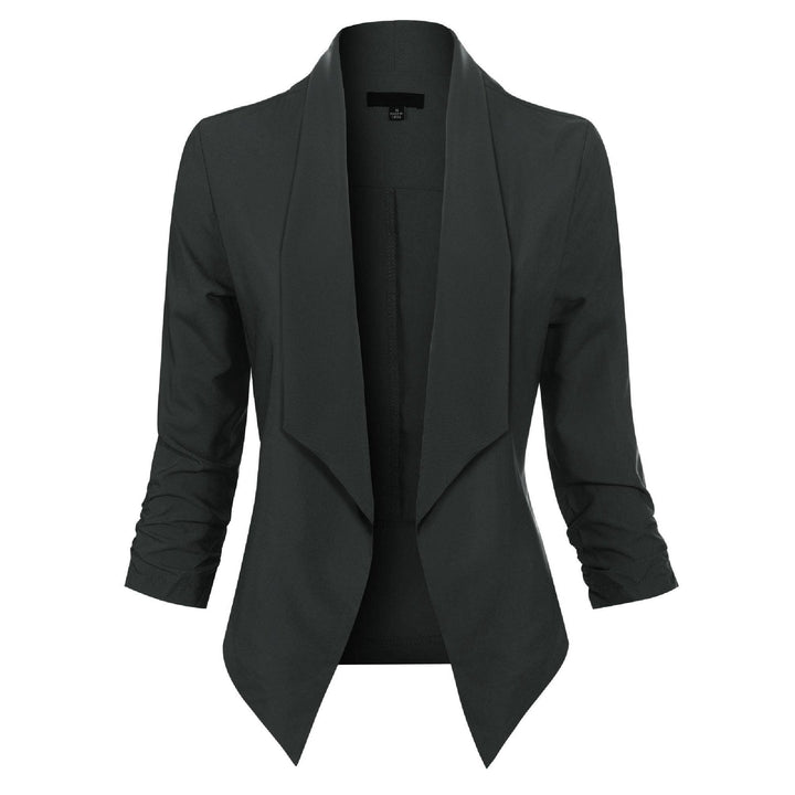 Black open-front blazer with draped lapel, front view