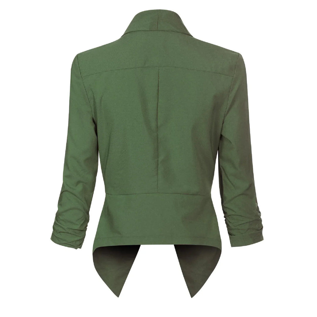 Olive green open-front blazer, back view showing asymmetric hem