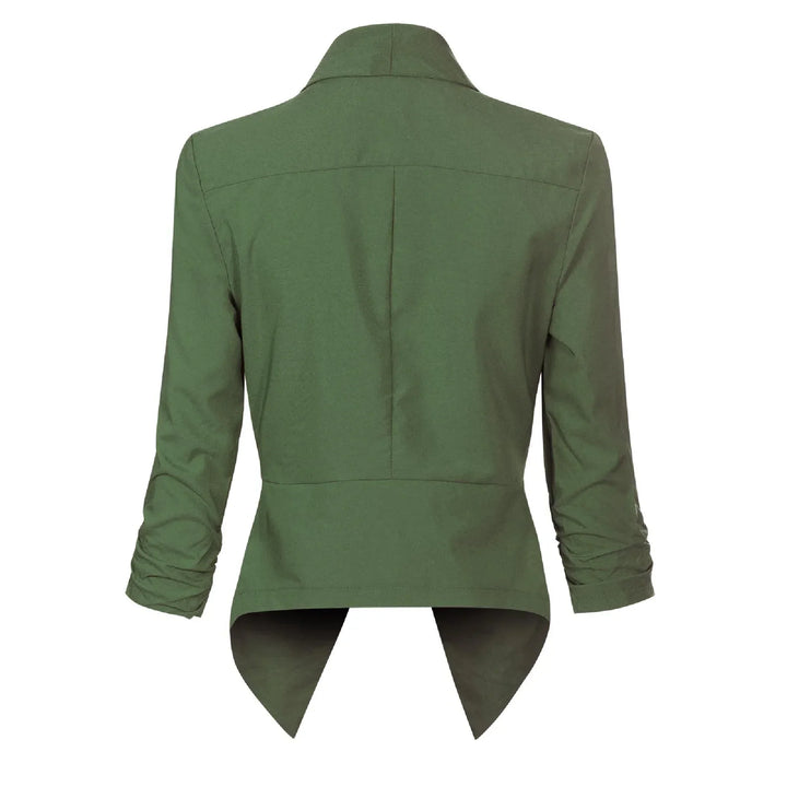 Olive green open-front blazer, back view showing asymmetric hem