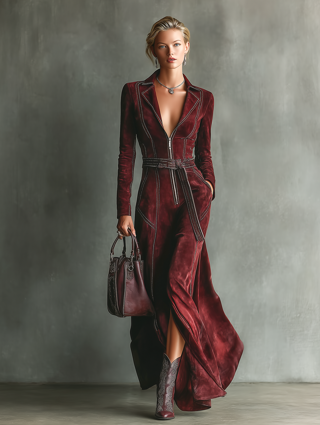 Burgundy faux suede maxi dress with belted waist and deep V-neck, full front view