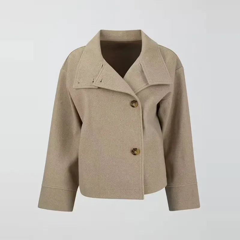 Beige cropped wool jacket on hanger front view