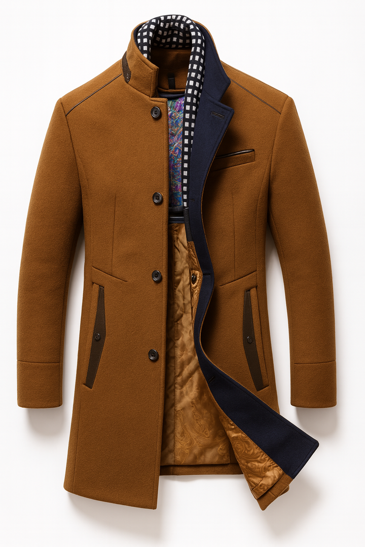 Brown wool blend overcoat laid flat with open front detail