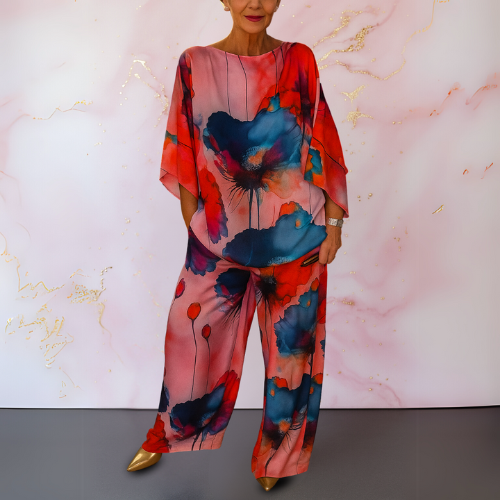 Pink red floral print satin two-piece set with batwing sleeve top and wide leg pants