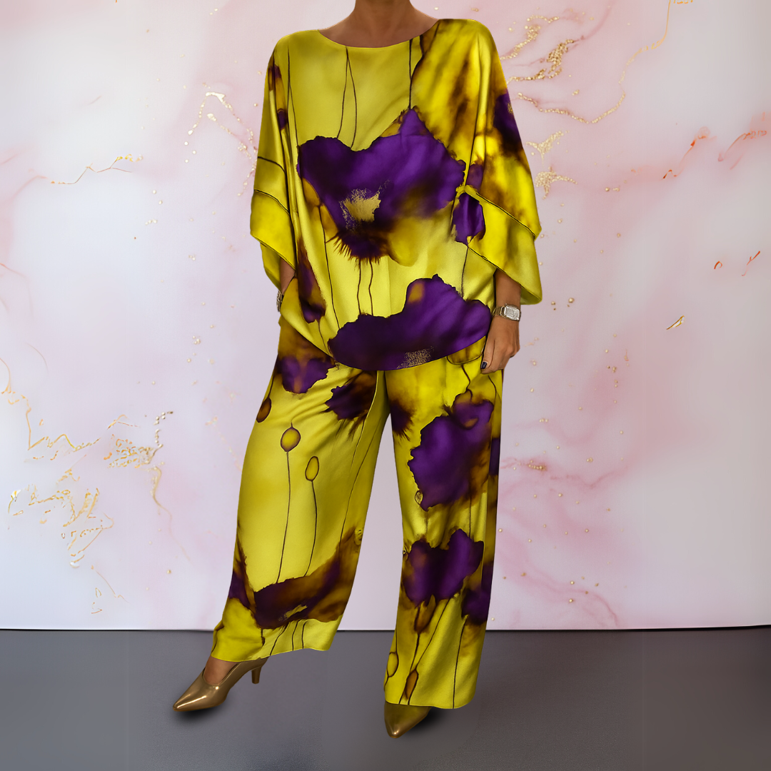Lemon yellow floral print satin two-piece set with batwing sleeve top and wide leg pants