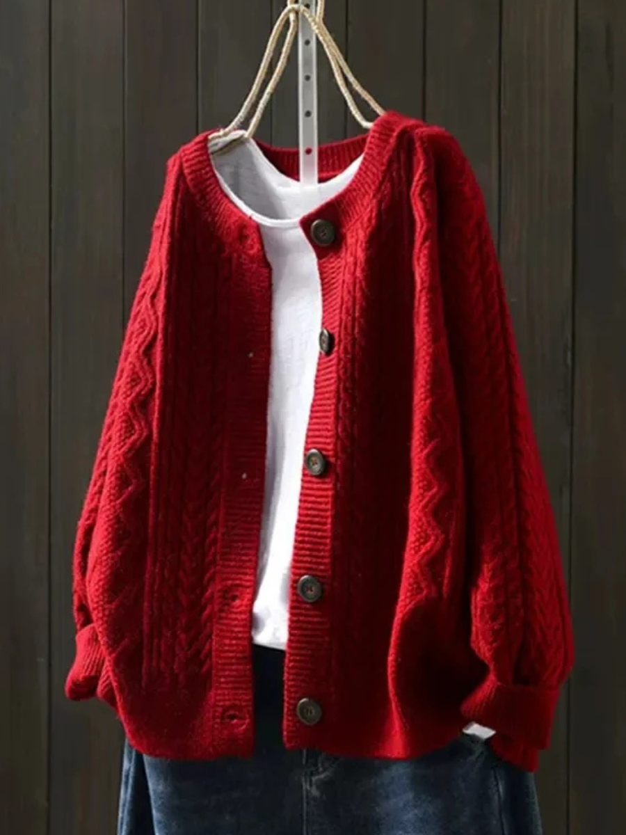 Red cable knit cardigan with wood buttons