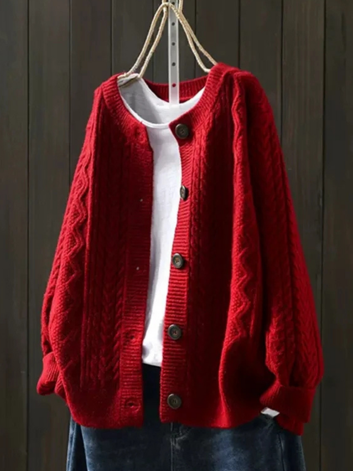 Red cable knit cardigan with wood buttons