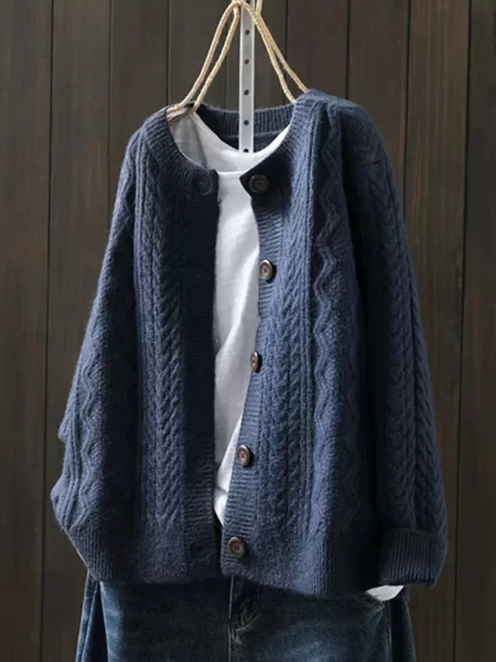 Navy blue cable knit cardigan with button front