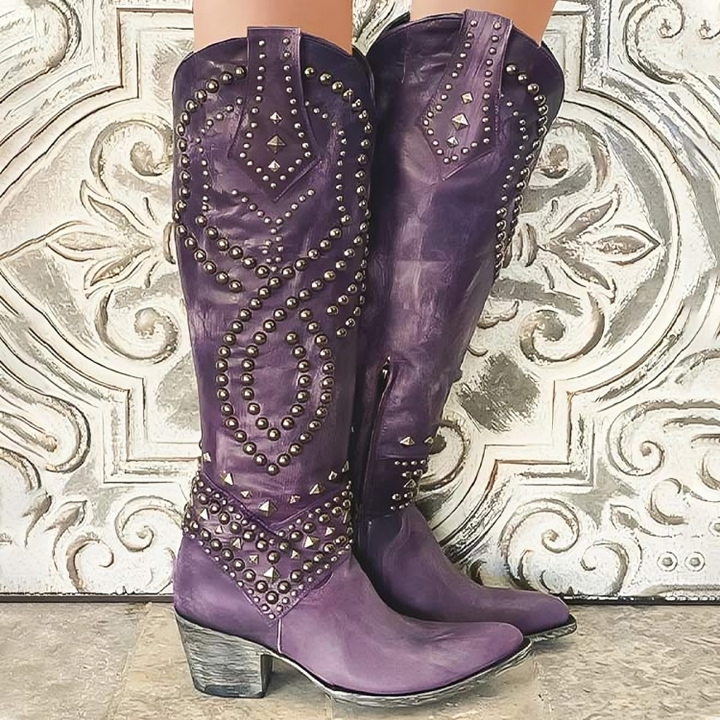 Purple studded knee-high western boots with stacked heel