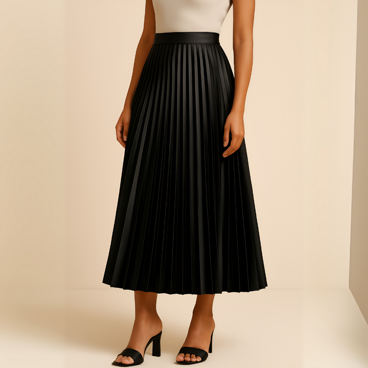 Woman wearing black pleated high-waist midi skirt with heels