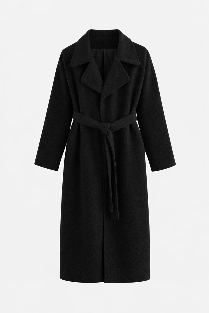 Black belted long wrap coat, front view