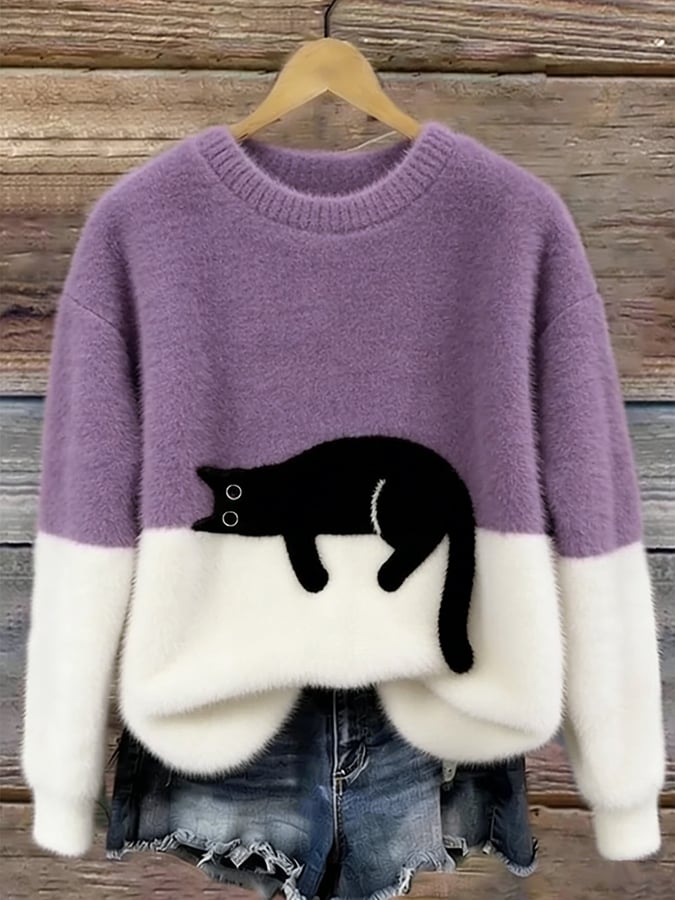 Purple and white colorblock cat graphic sweater
