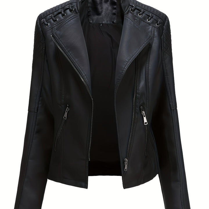 Black faux leather moto jacket, close up front detail