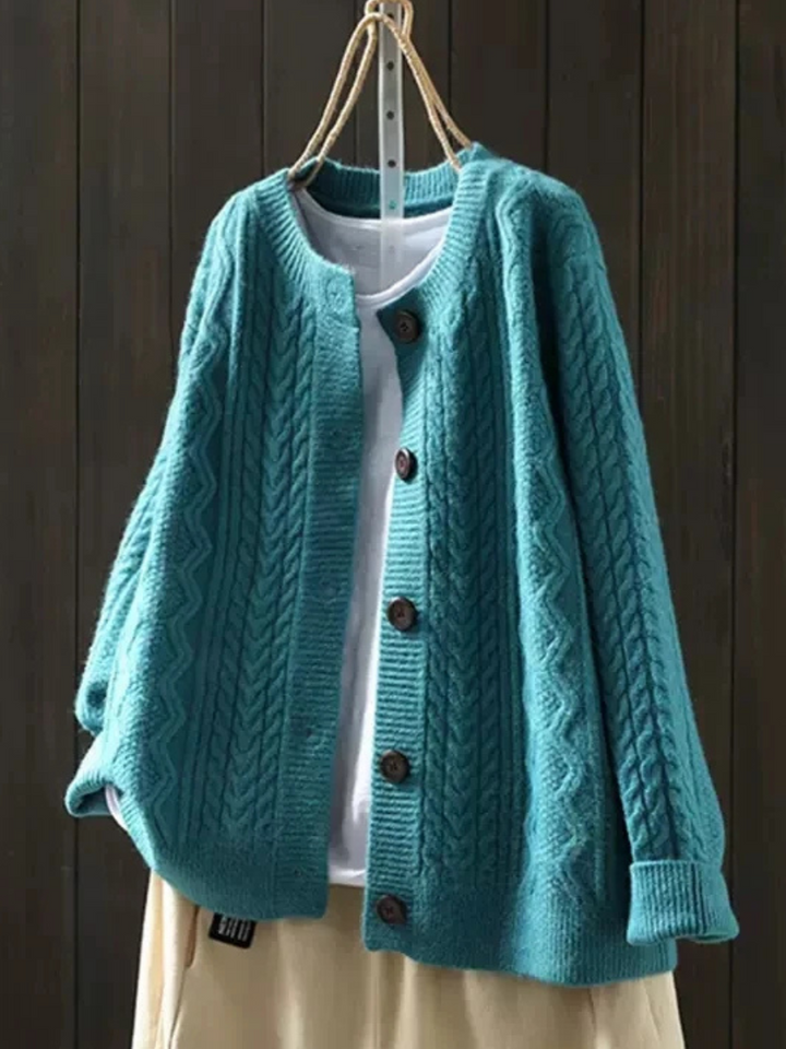 Teal blue cable knit cardigan with button front