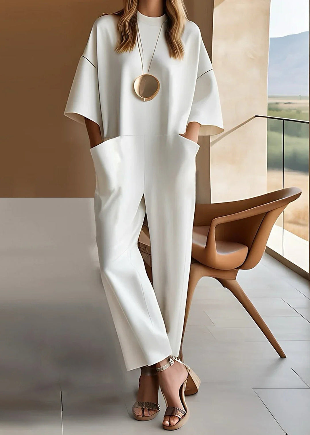 White wide sleeve jumpsuit with side pockets, full length front view