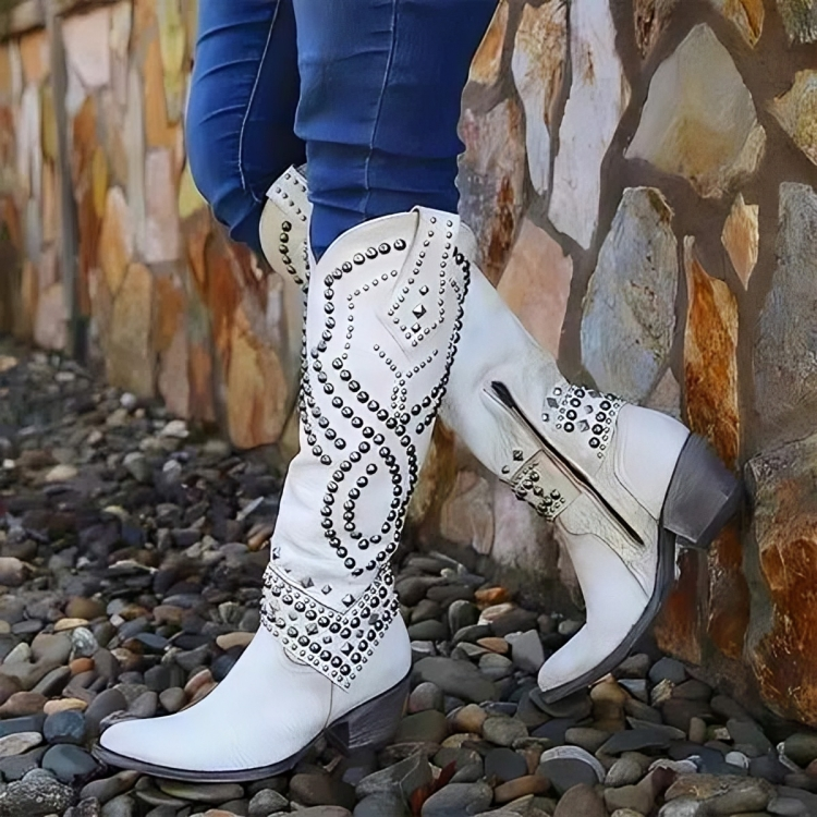 White studded knee-high western boots with stacked heel