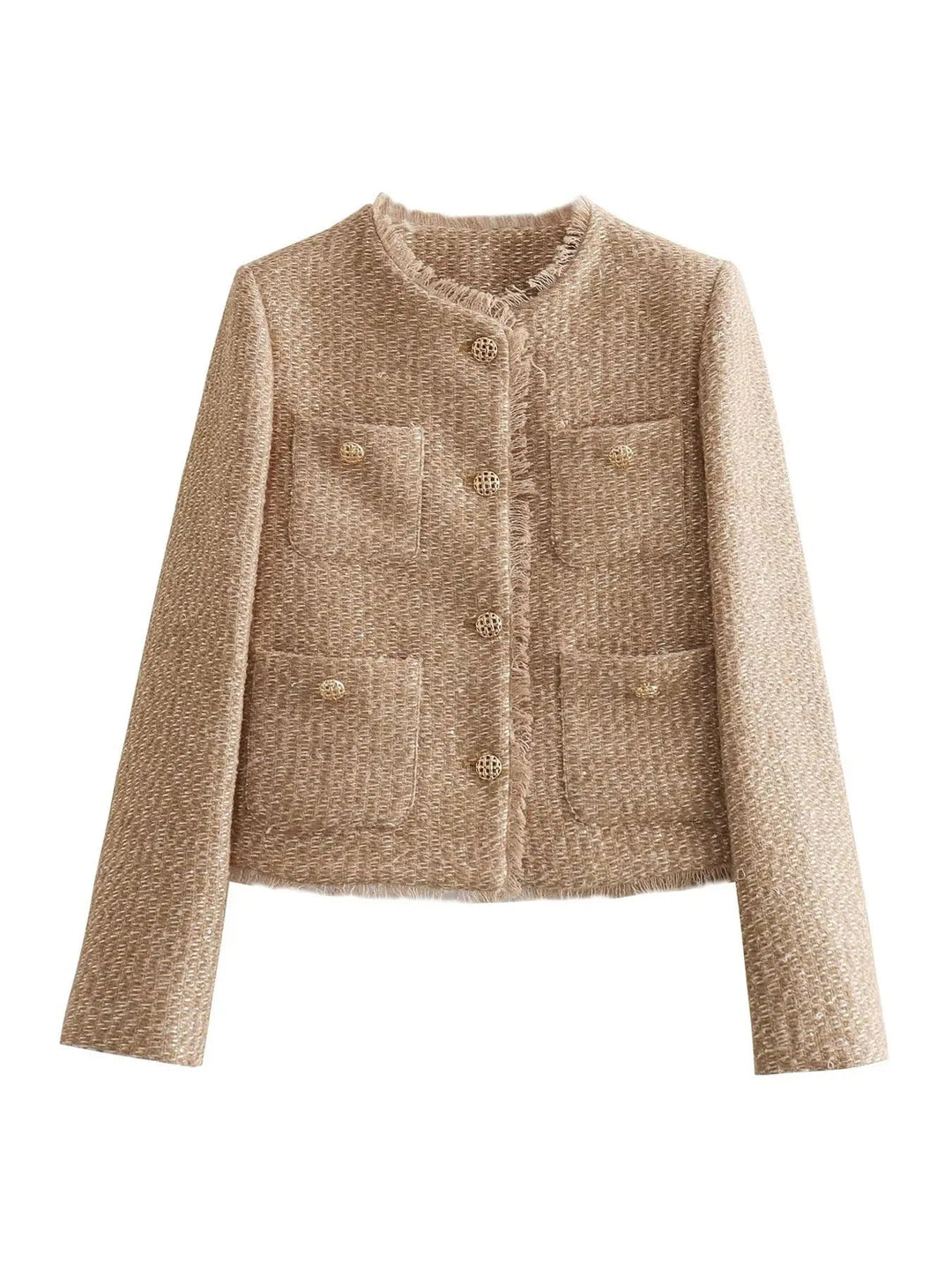Flat lay of cropped tweed jacket with button front and patch pockets
