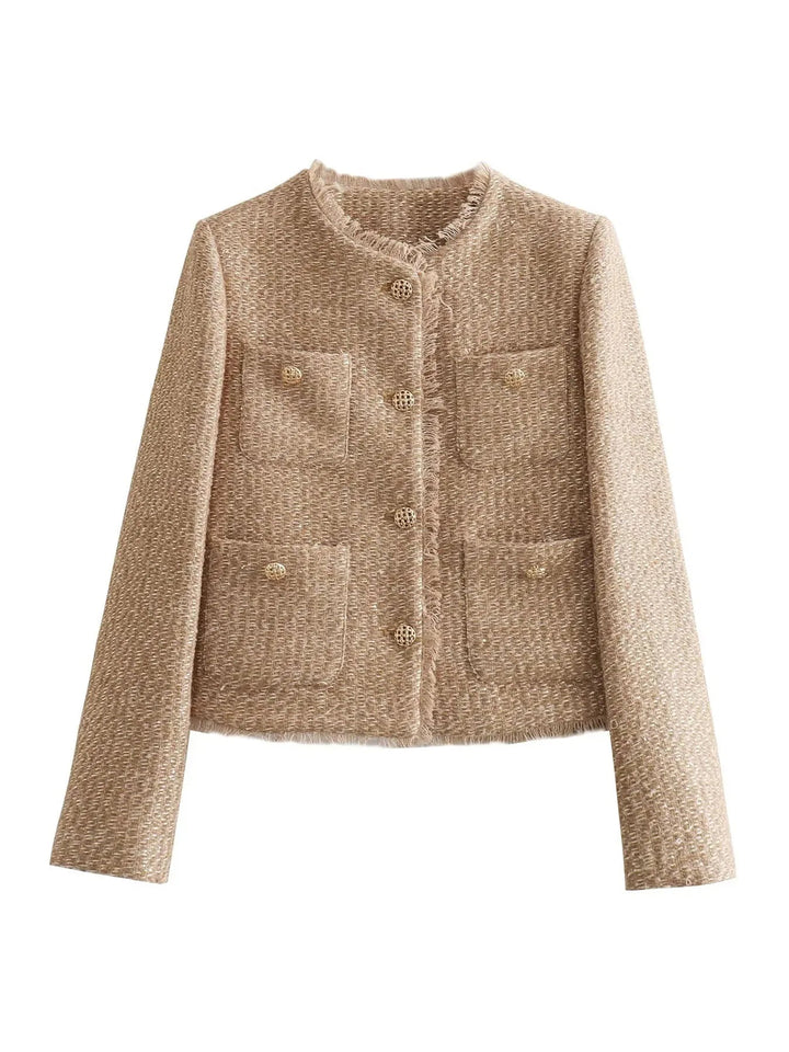 Flat lay of cropped tweed jacket with button front and patch pockets