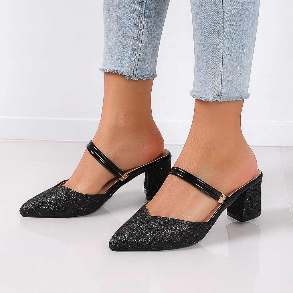 Black shimmer mule heels with double strap front view