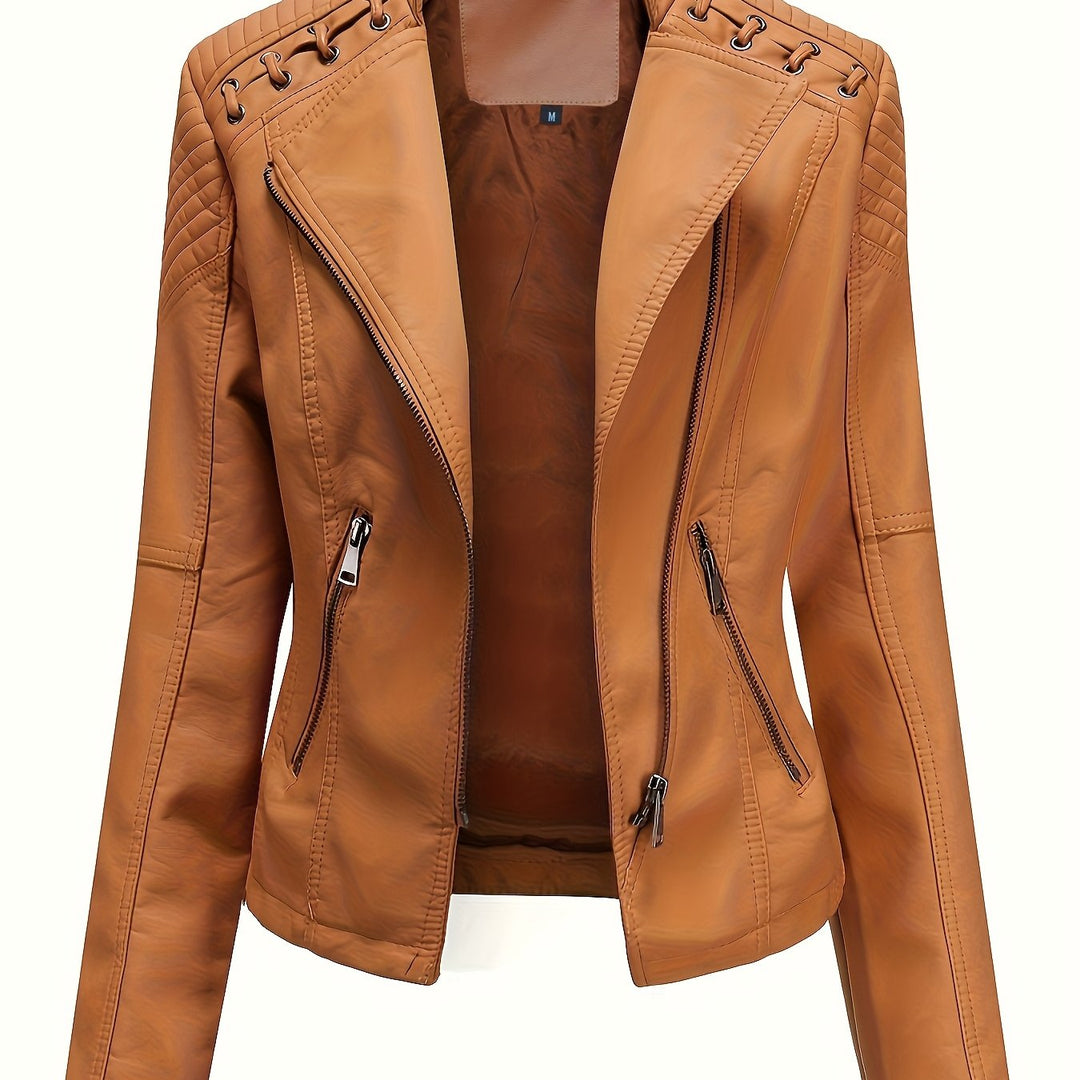 Camel faux leather moto jacket, close up front detail