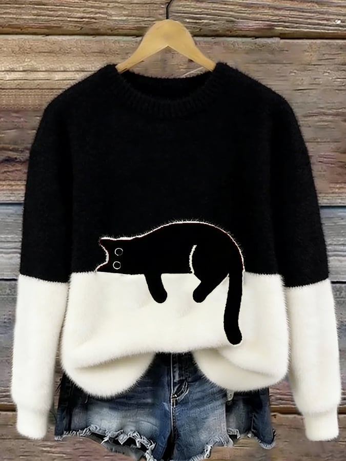 Black and white colorblock cat graphic sweater