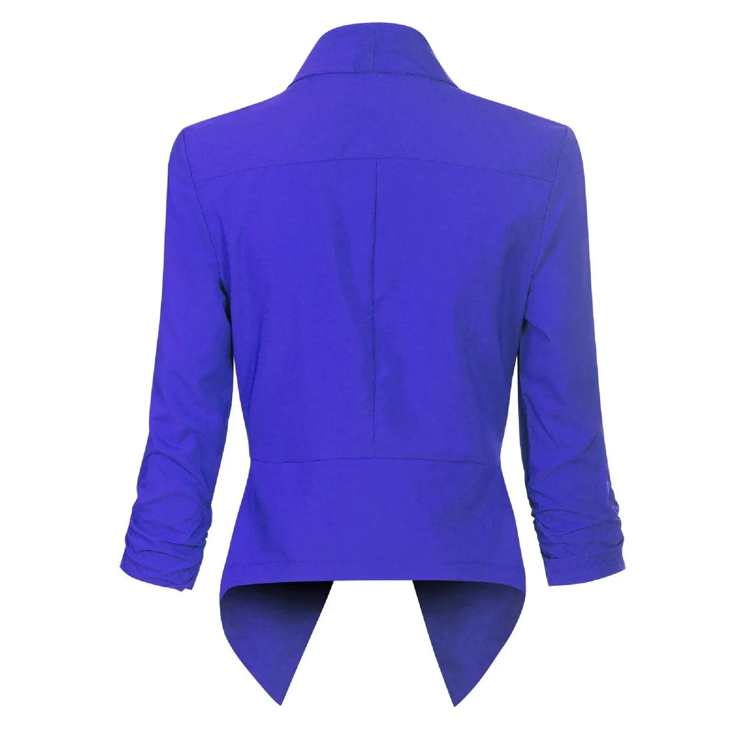 Royal blue open-front blazer, back view showing asymmetric hem