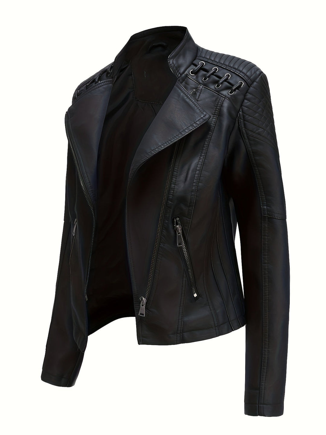 Black faux leather moto jacket with lace-up shoulder detail, side view
