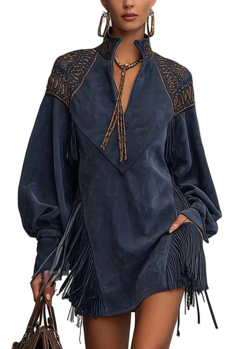 Close up of indigo faux suede mini dress with beaded embroidery and zip stand collar