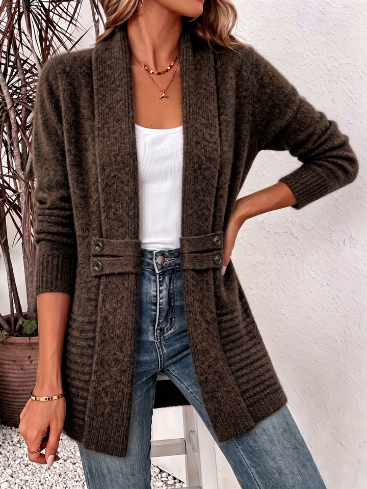 Woman wearing brown double button shawl collar cardigan