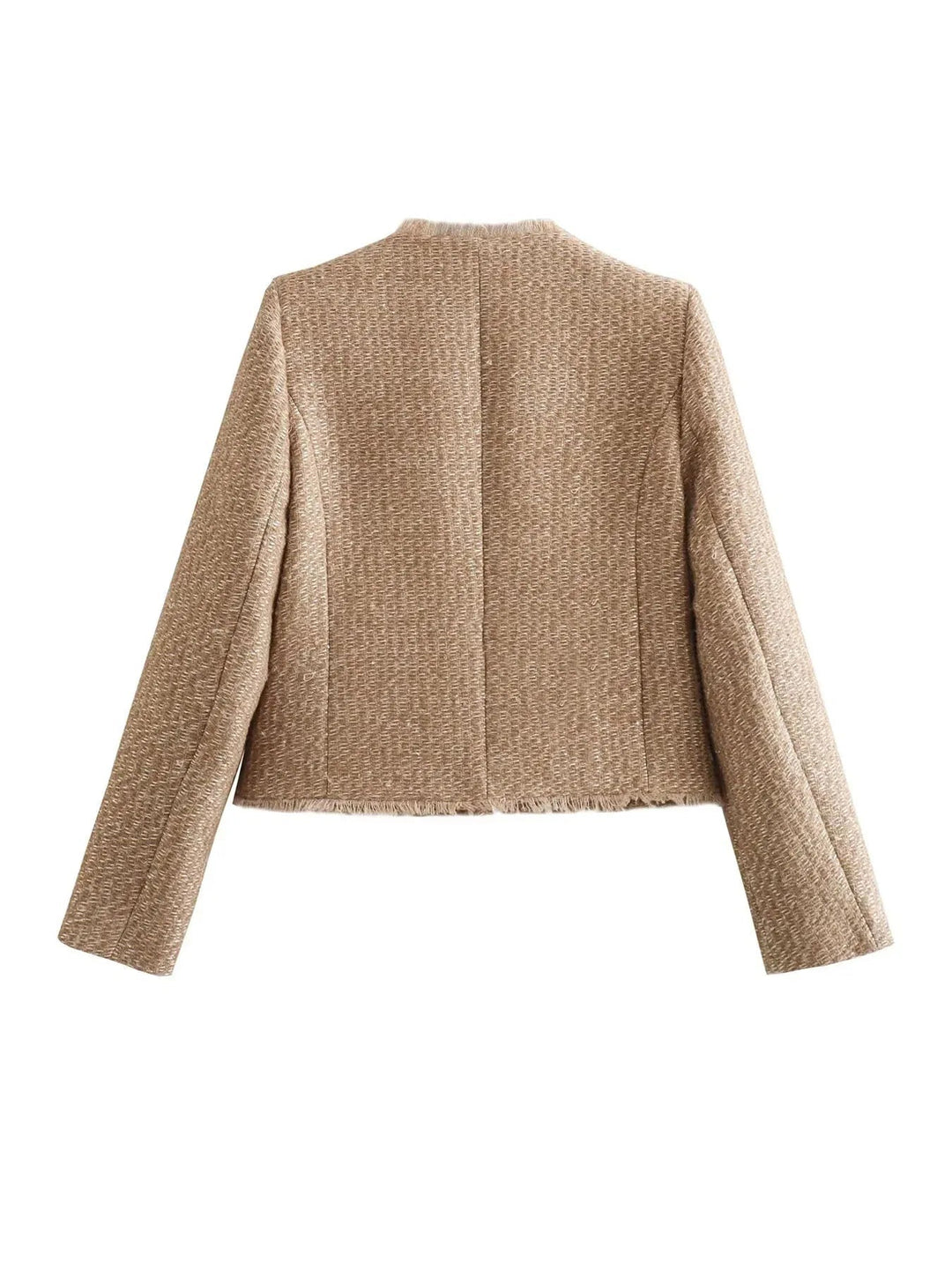Back view of cropped tweed jacket showing raw frayed hem