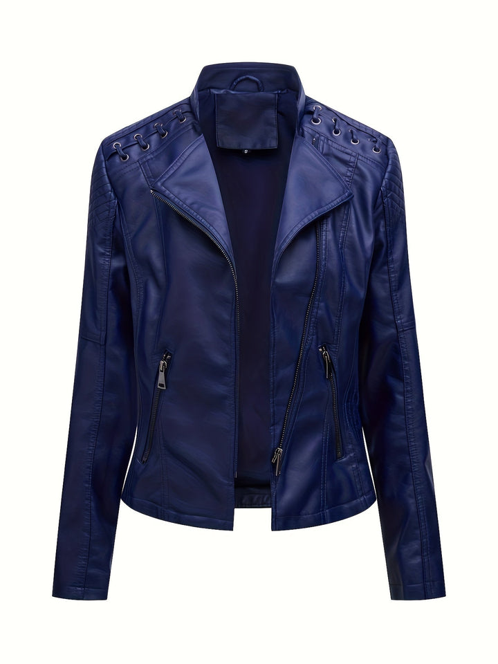 Navy faux leather moto jacket, front view open