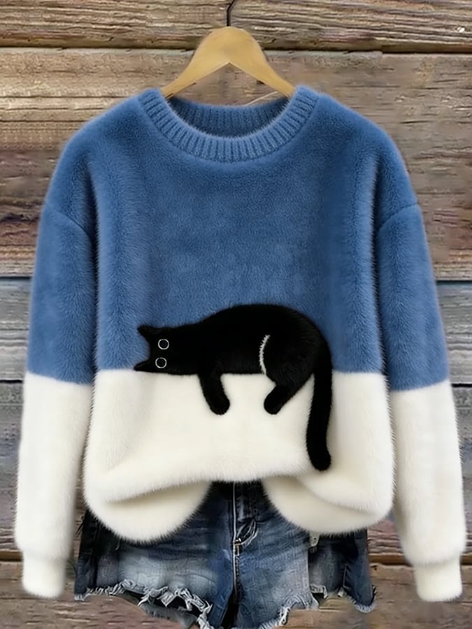 Blue and white colorblock cat graphic sweater