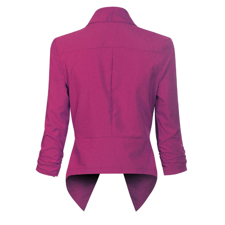 Magenta open-front blazer, back view showing asymmetric hem
