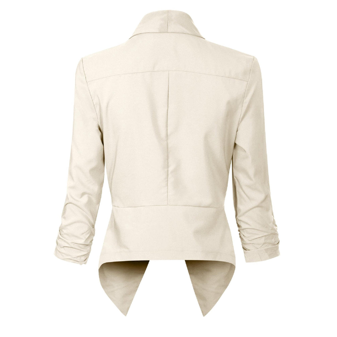 Ivory open-front blazer, back view showing asymmetric hem