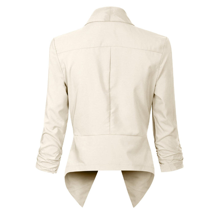 Ivory open-front blazer, back view showing asymmetric hem