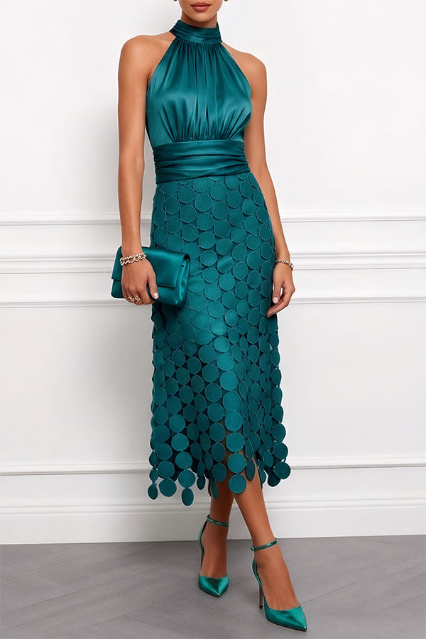 Dark green satin halter midi dress with circle cutout skirt, front view