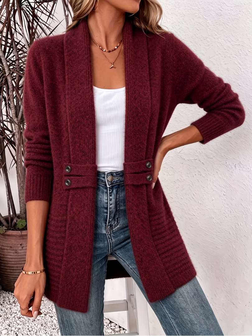 Woman wearing bordeaux double button shawl collar cardigan