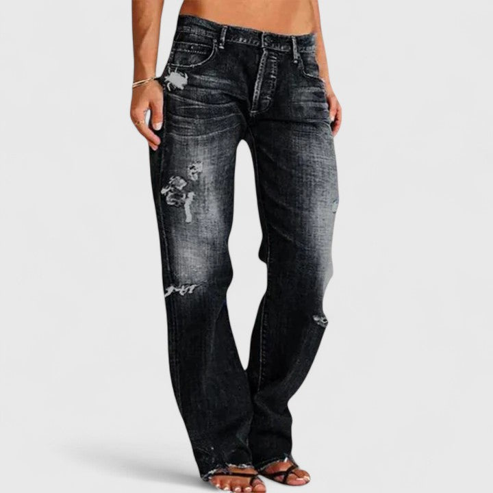 Black distressed wide-leg jeans, front view