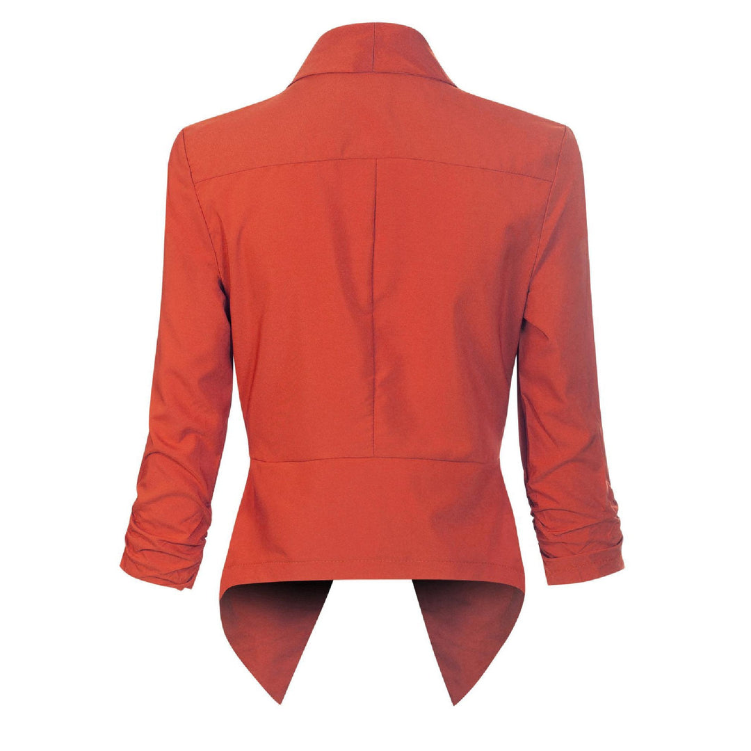 Orange open-front blazer, back view showing asymmetric hem