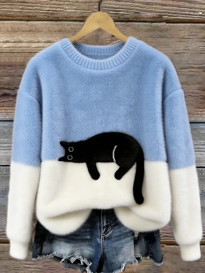 Light blue and white colorblock cat graphic sweater