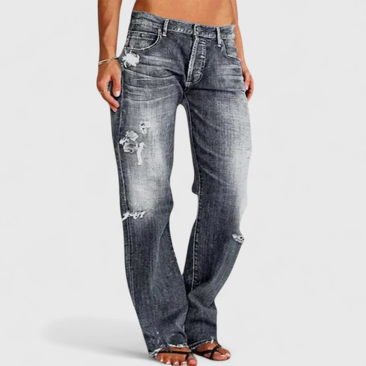 Gray distressed wide-leg jeans, front view