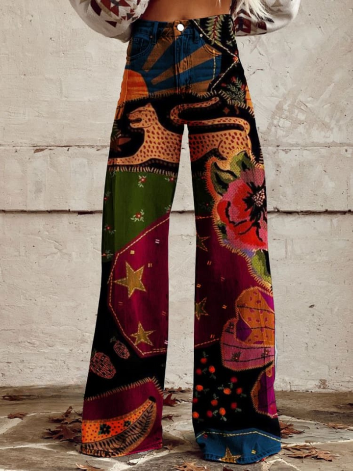 Wide leg patchwork print pants, front view
