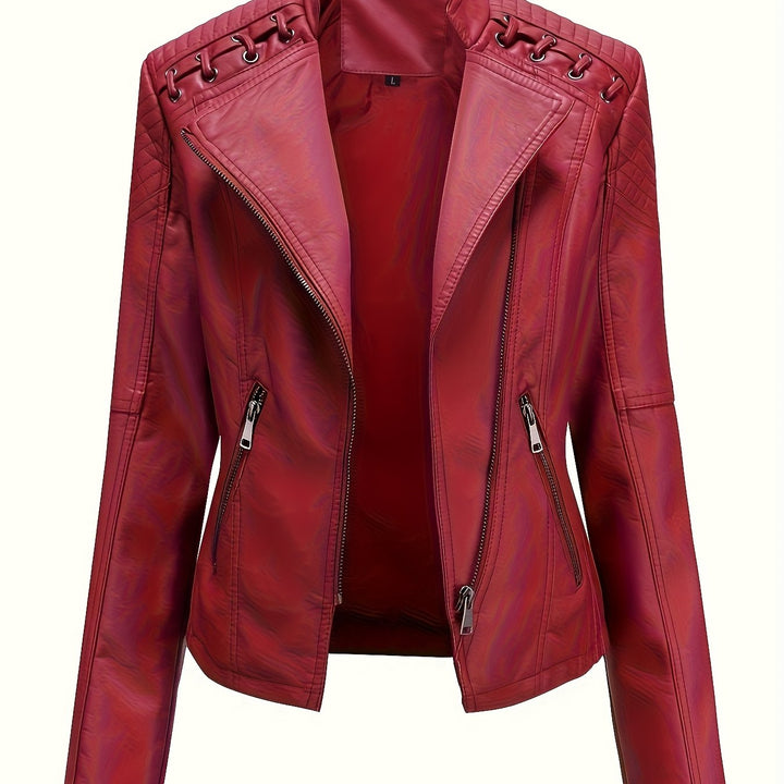 Red faux leather moto jacket, close up front detail