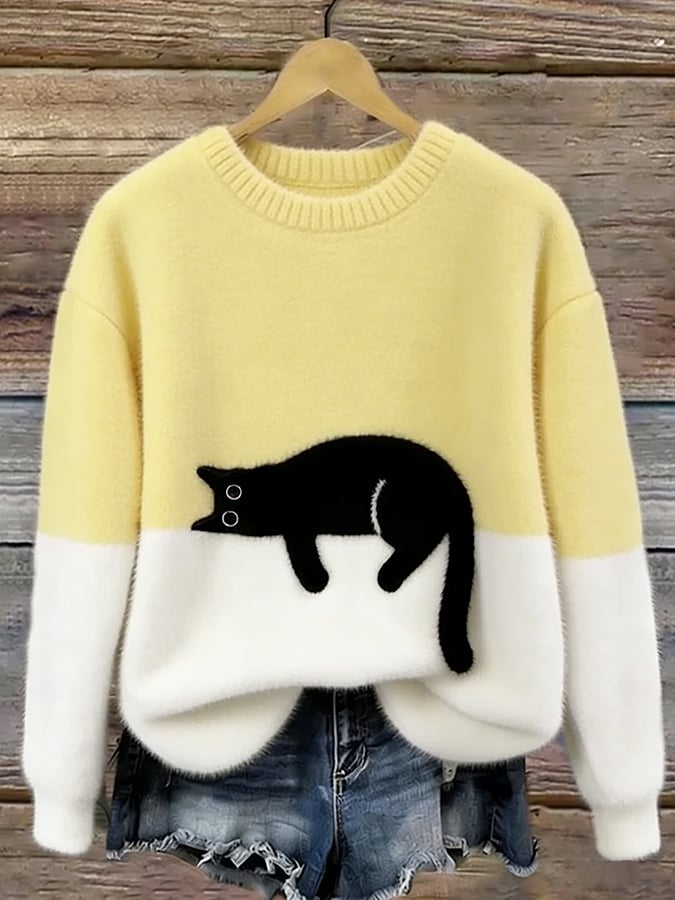Yellow and white colorblock cat graphic sweater