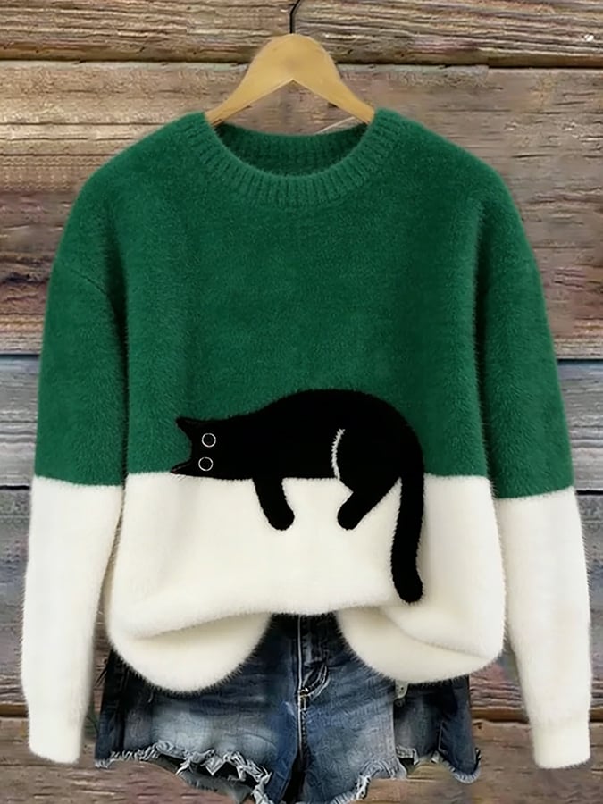 Green and white colorblock cat graphic sweater