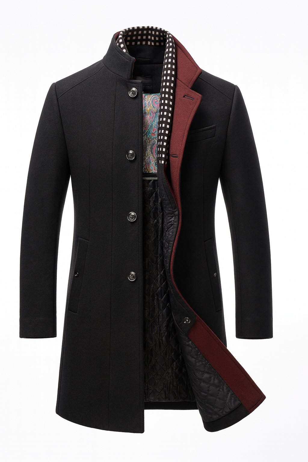 Black wool blend overcoat laid flat with contrast collar detail