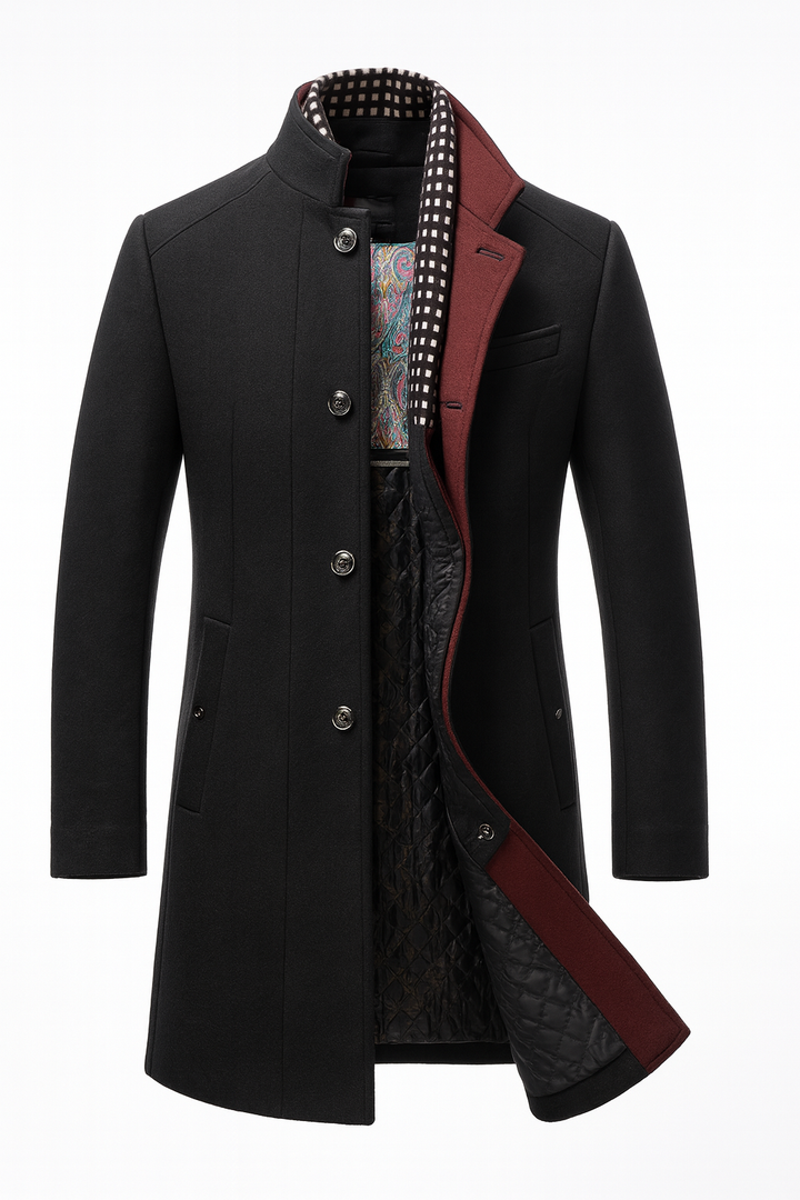 Black wool blend overcoat laid flat with contrast collar detail